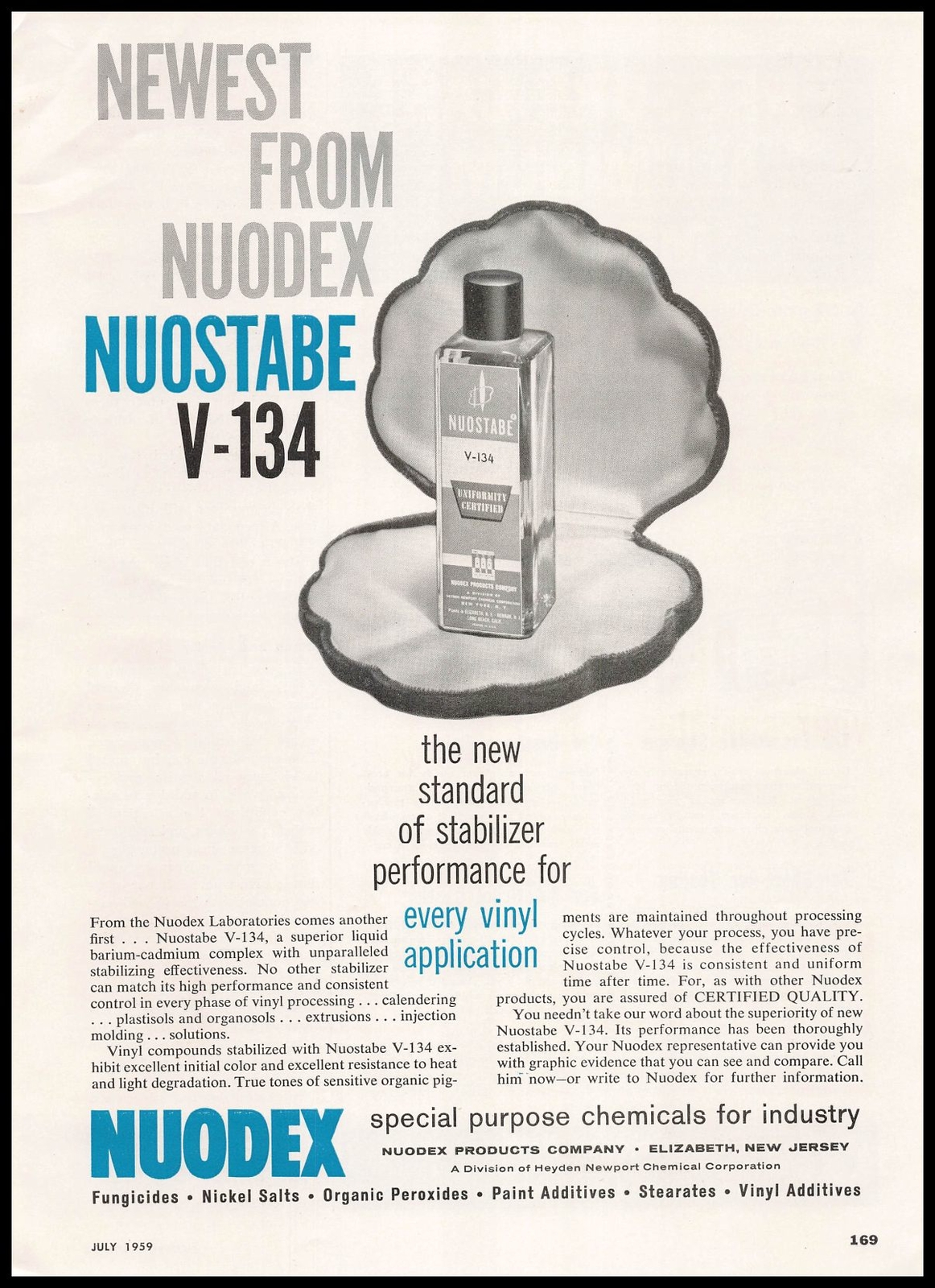 1959 Nuodex Products Co Elizabeth New Jersey Nuostable V-134 Stabilizer Print Ad