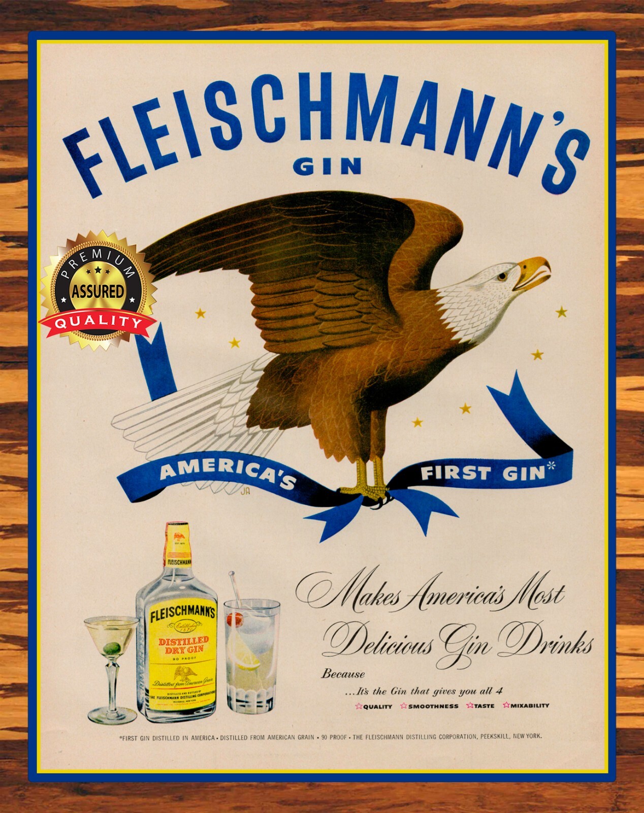 Fleischmann’s Gin – America’s First Gin – 1950s – Restored – Metal Sign 11 x 14