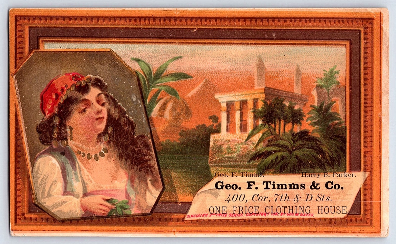 1900s Geo. F. Timms & Co One Price Clothing House trade card Antique 5×3