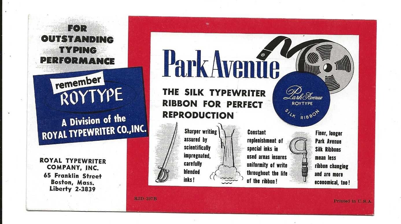 Royal Typewriter Co Ribbon Advertising Blotter~Park Avenue Roytype~Boston c1940