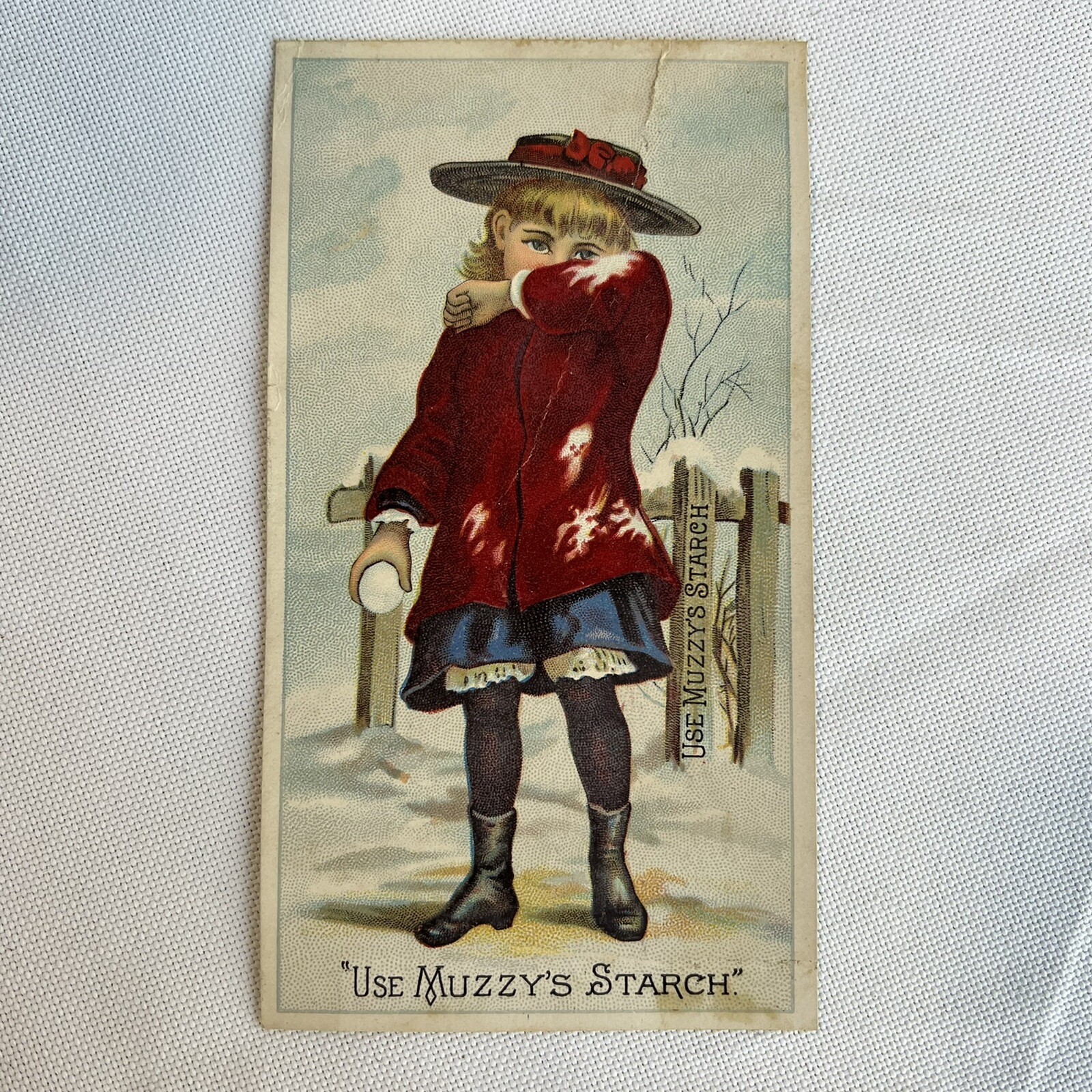 Vintage Muzzys Corn Startch Donaldson Bros NY Advertisment Recipe Card Girl Snow