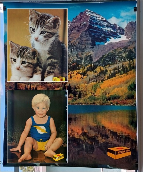 lot of 3 1970s Kodak Film Store Display Posters – Mylar for reverse lighting NOS