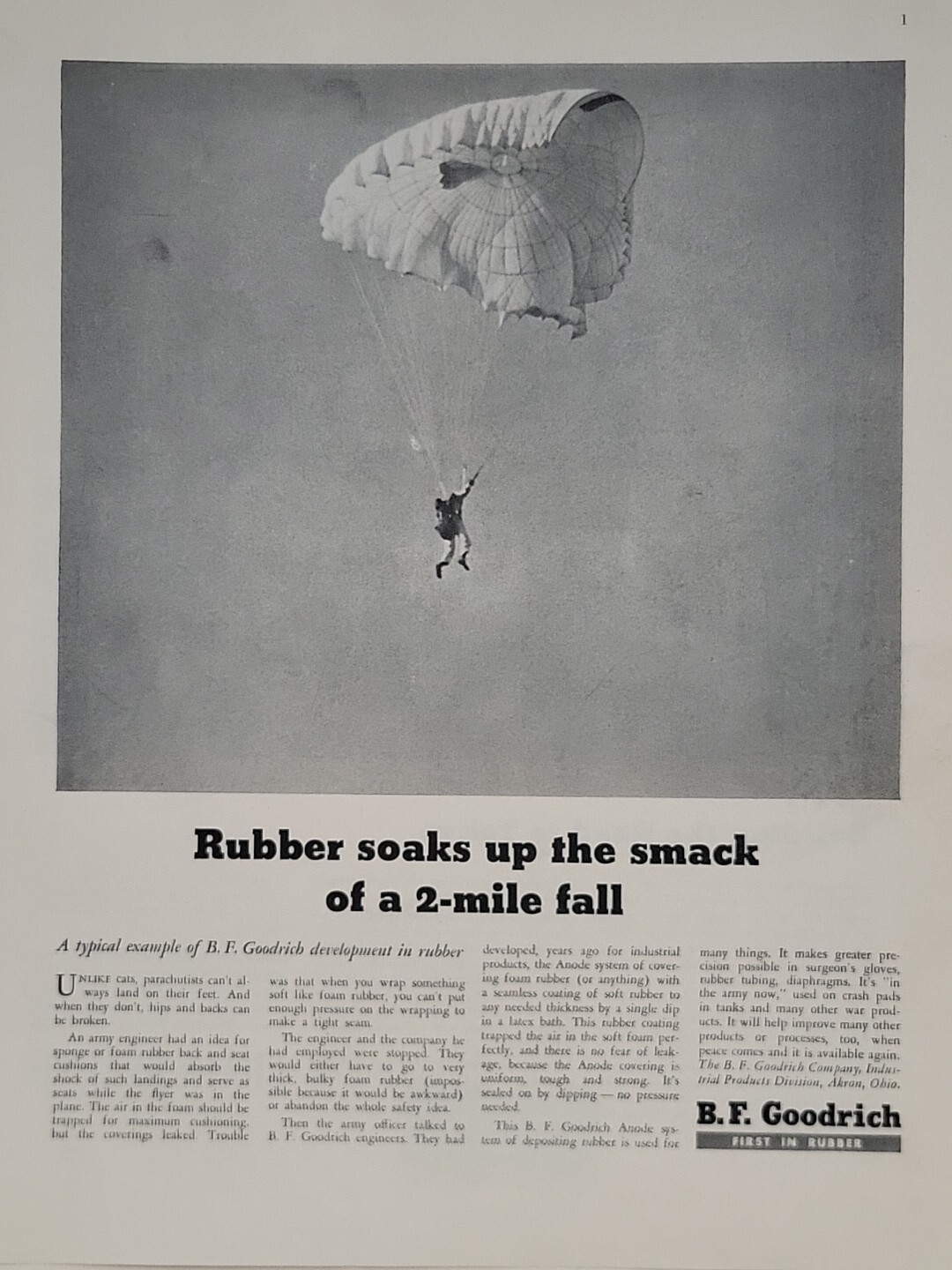 1942 B.F. Goodrich Fortune WW2 Print Ad Q3 Paratrooper Skydiver Parachute Akron