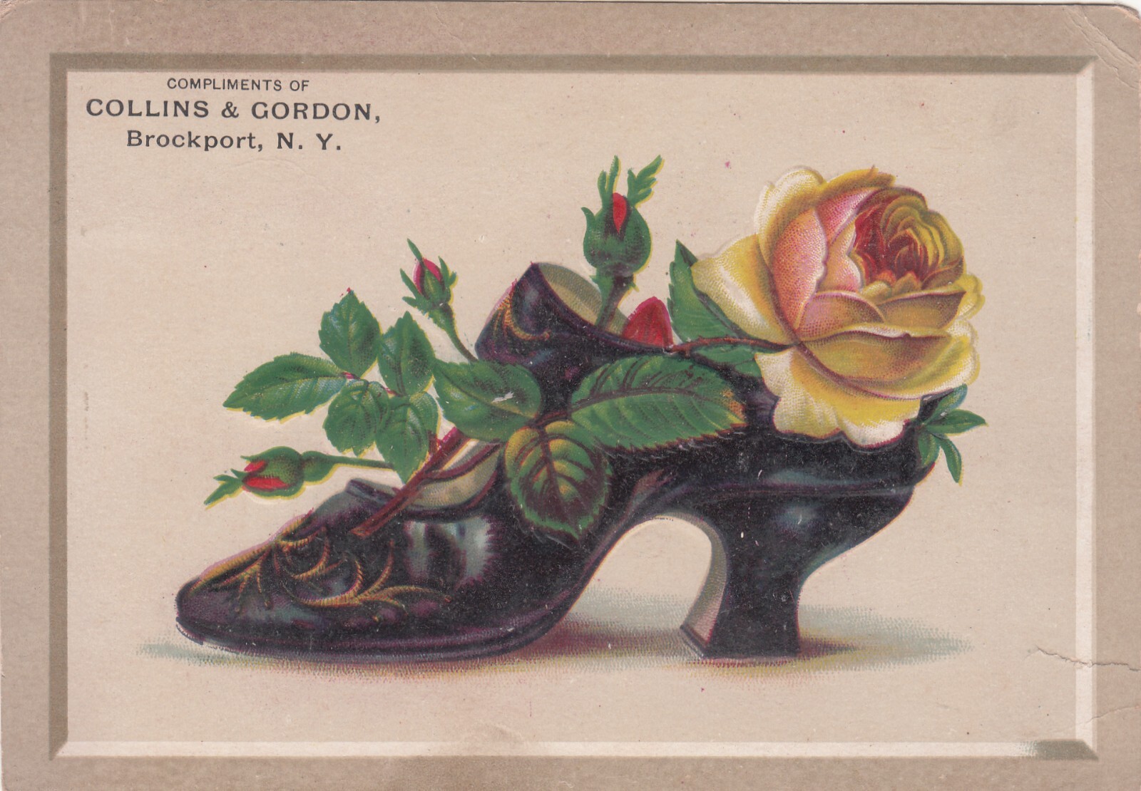 Collins & Gordon Brockport NY Embossed Black Shoe Yellow Rose Vict Card c1880s