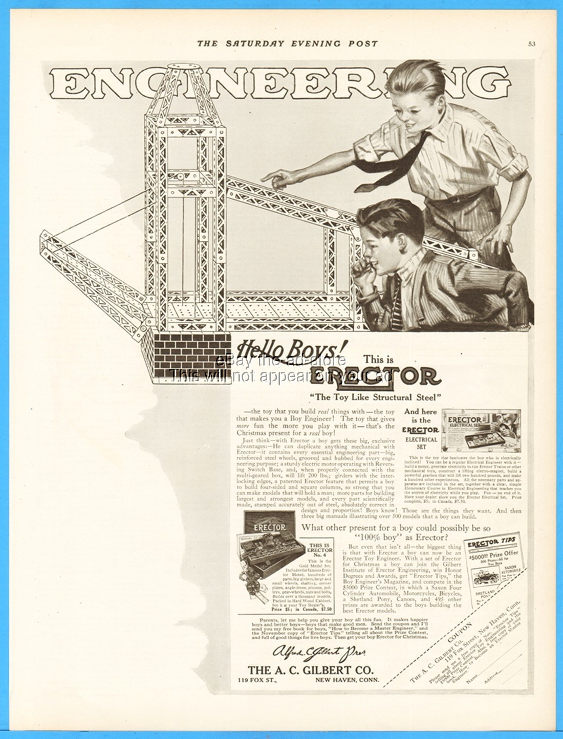 1916 Gilbert Erector Set No 4 Engineering Draw Bridge New Haven CT Print Ad