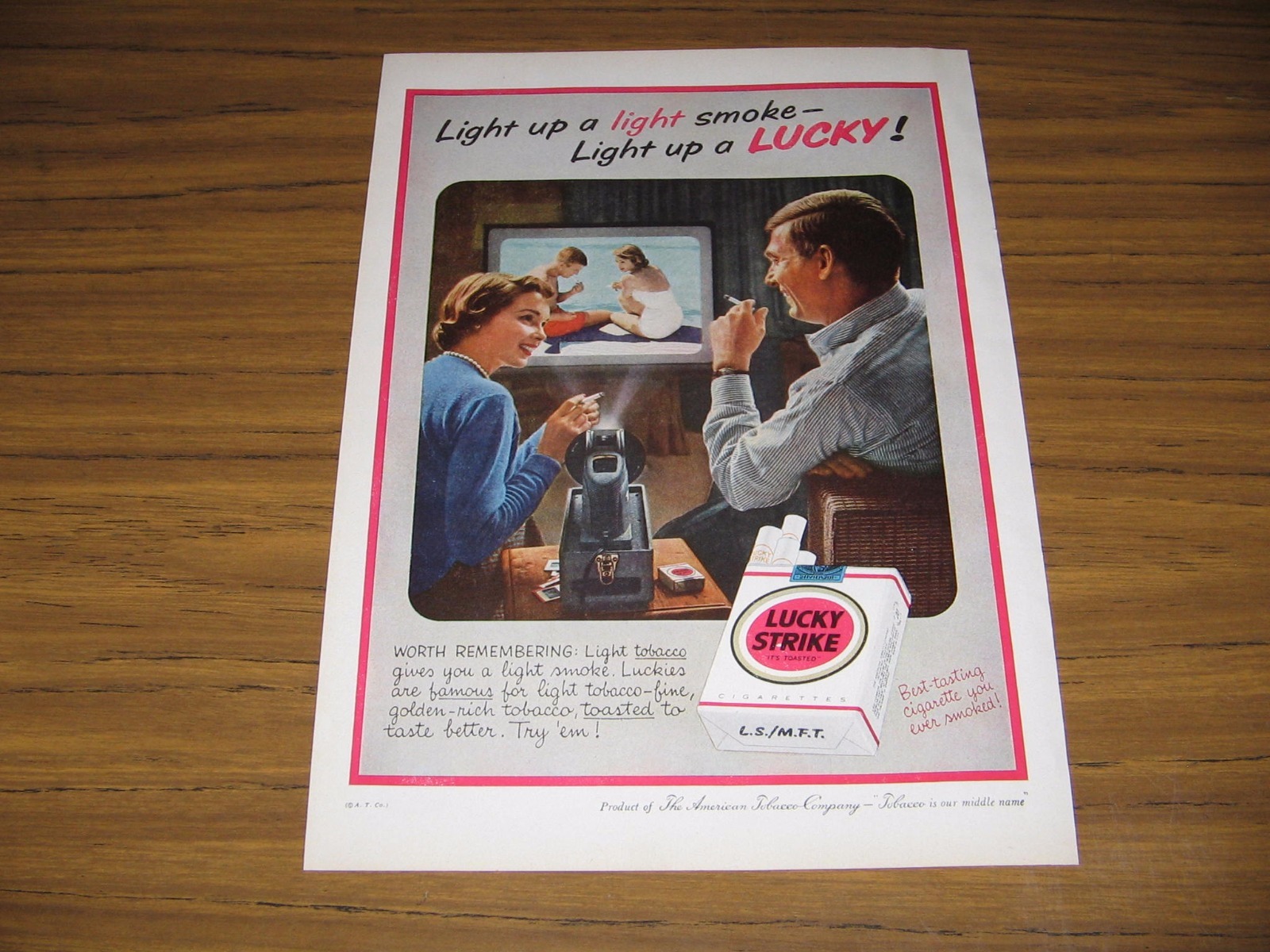 1958 Print Ad Lucky Strike Cigarettes Couple Watch Home Movies Smoke Luckies