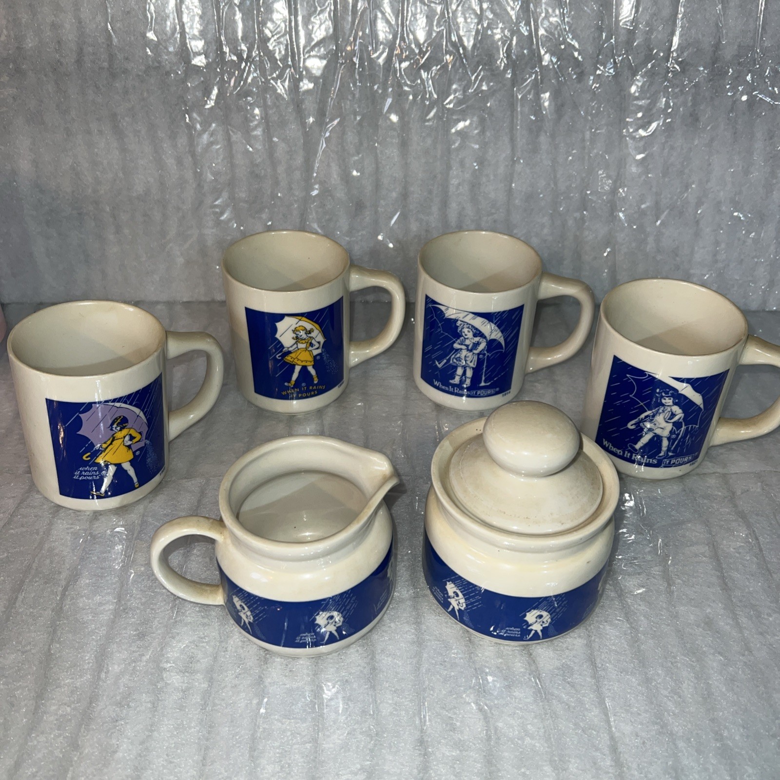 Vintage MORTON SALT Japan Made Coffee Cups + Creamer Sugar -7-Piece Set