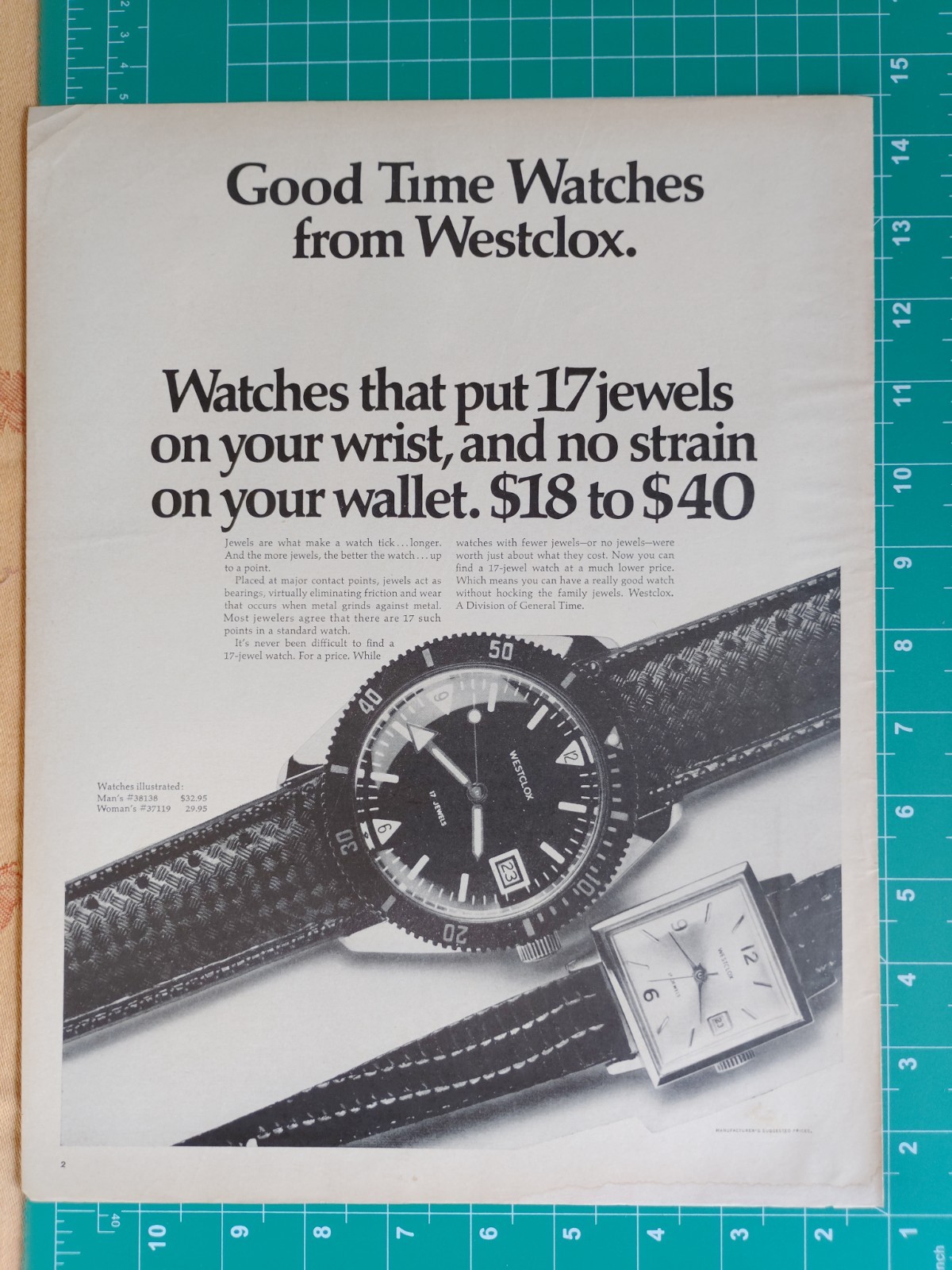 Vintage Retro 1970 Ad Good Time Watches from Westclox 17 Jewels No Strain