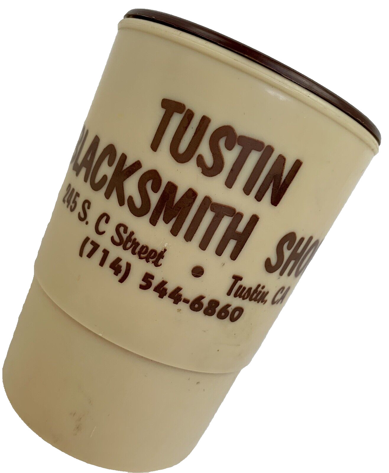 Vintage Tustin Blacksmith Shop California Mug Cup Plastic Removable Lid Andersen