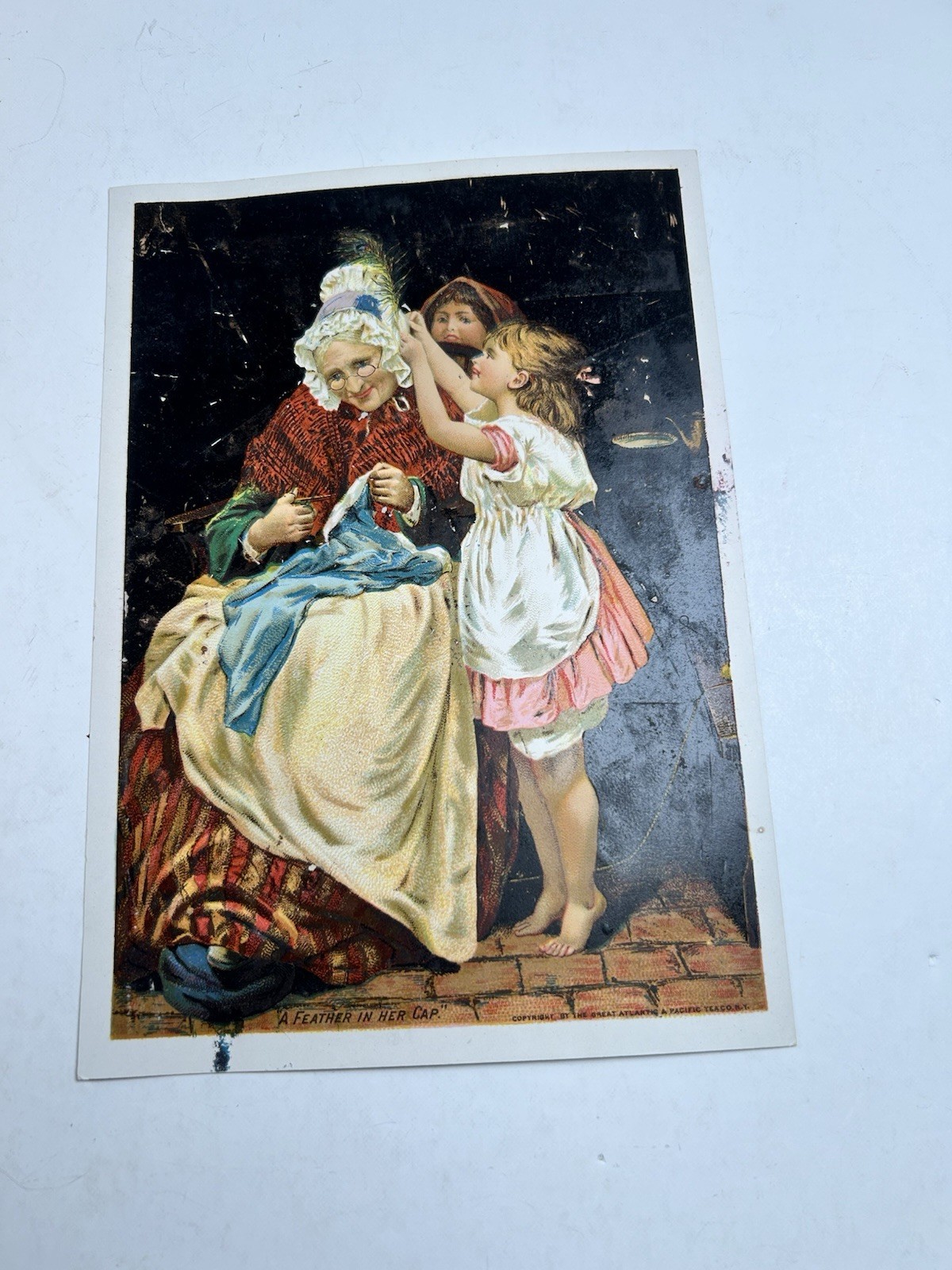 Great Atlantic Pacific Tea Co Large Trade Card Girl Feather Grandmother’s Cap