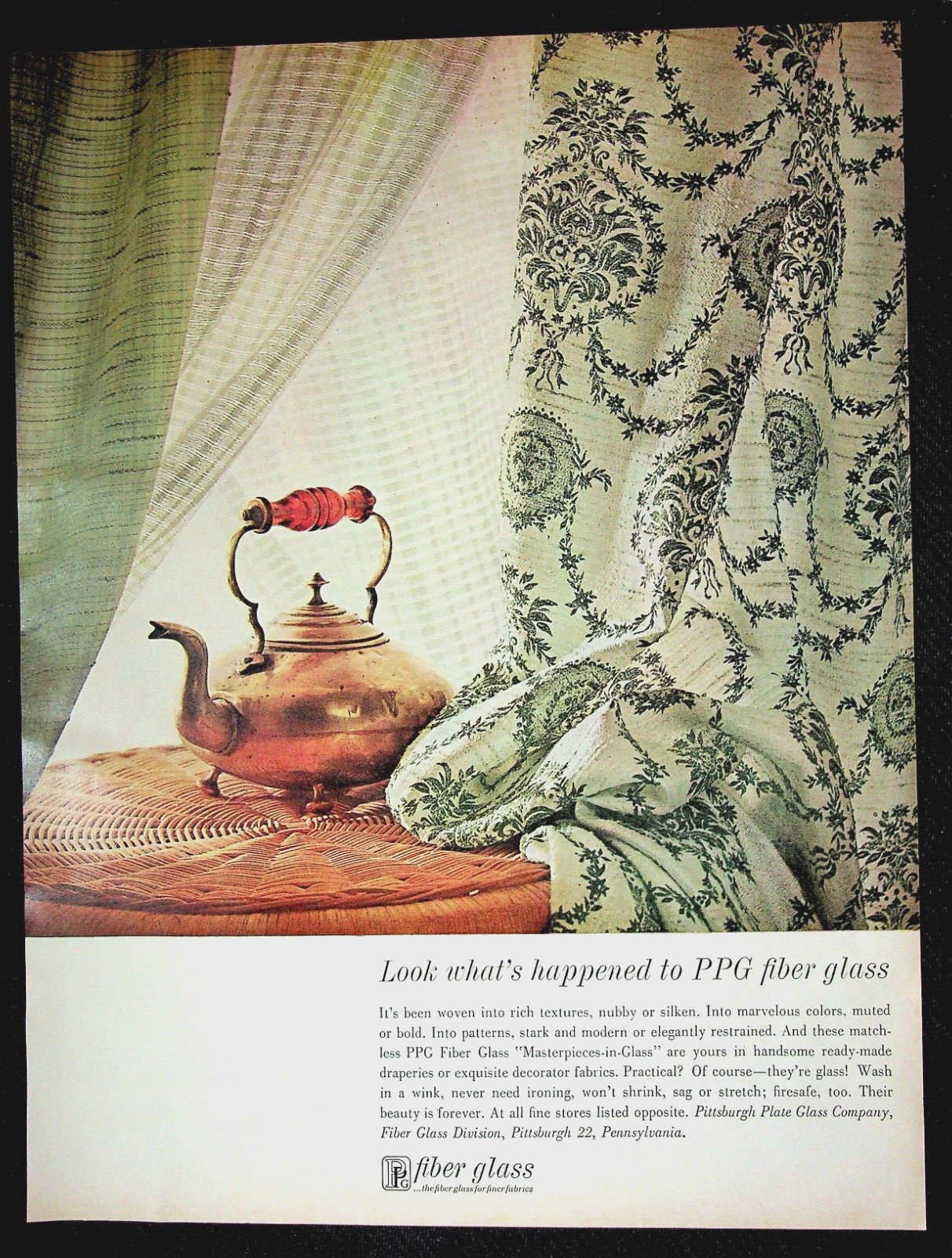 PPG Fiber Glass Fabrics, Curtain, Teapot, Oct 1962 H&G, VTG Print Ad
