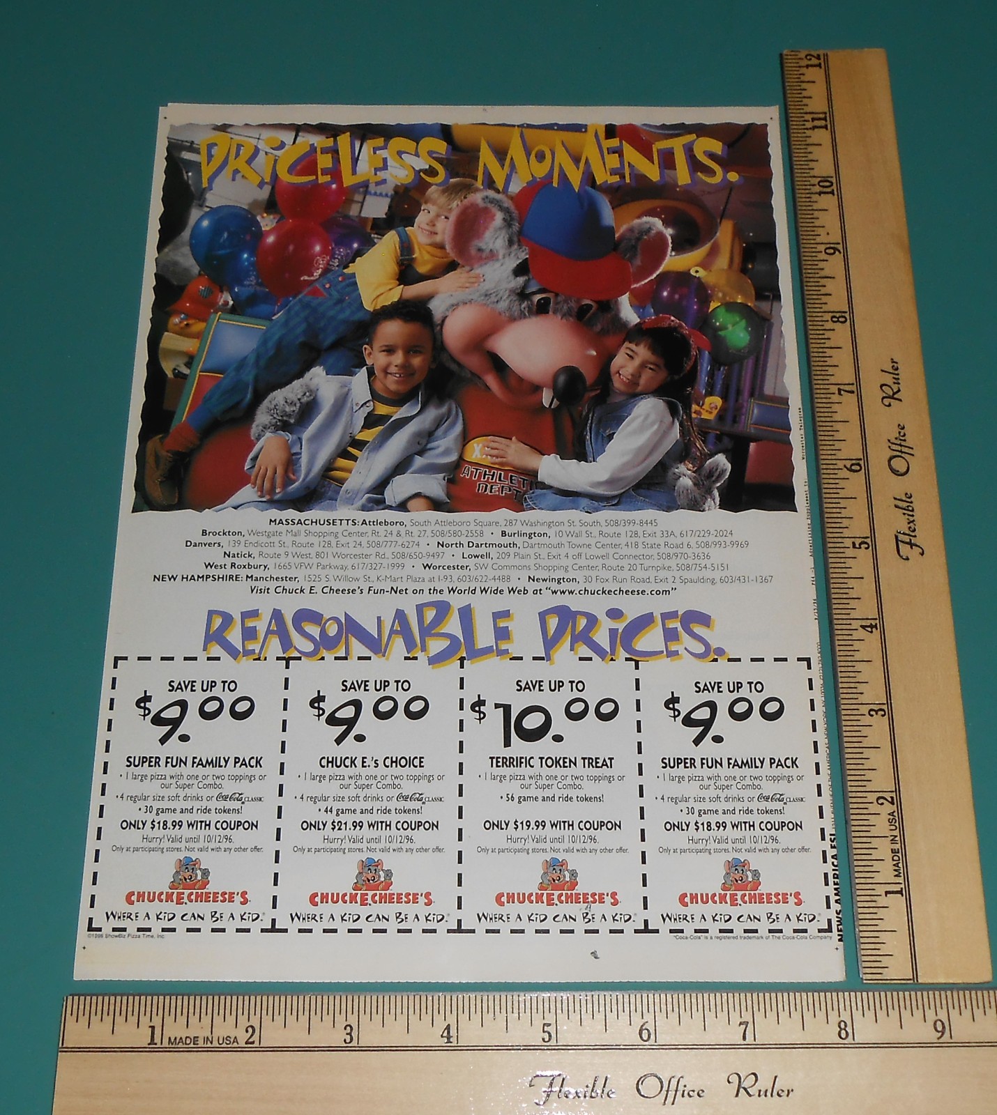 Vintage 1996 Chuck E Cheese Ad Kids Family Pizza Party 1 Page Coupon Circular Ad