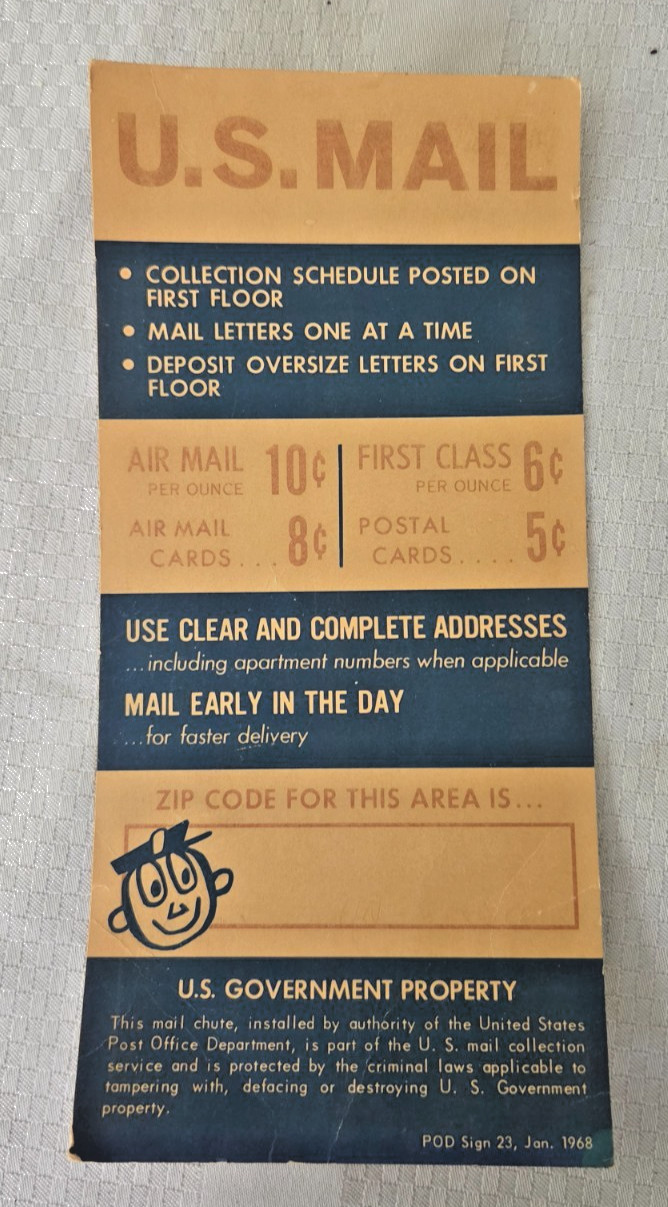 U.S. Postal Service Mail Chute sign / rack card Vintage 1968