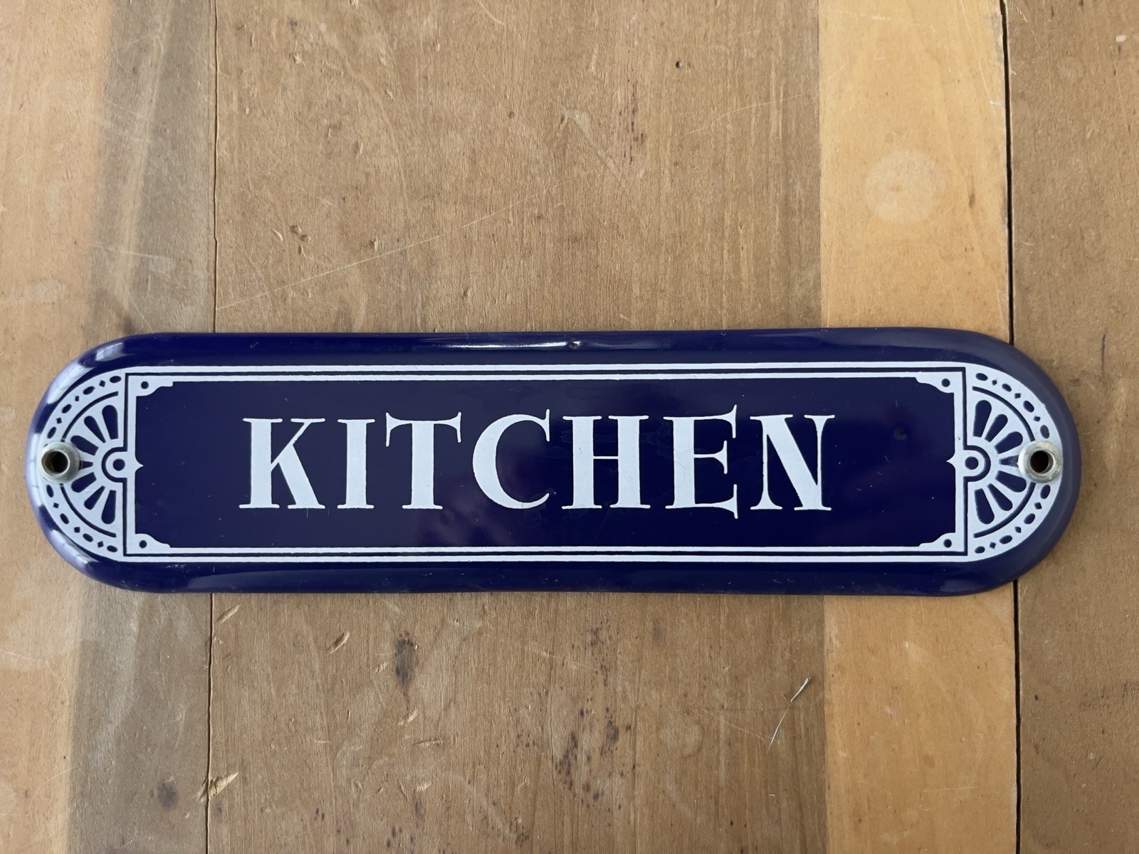 Vtg KITCHEN Metal Sign Double-Sided Porcelain Blue Farmhouse NOS Architectural