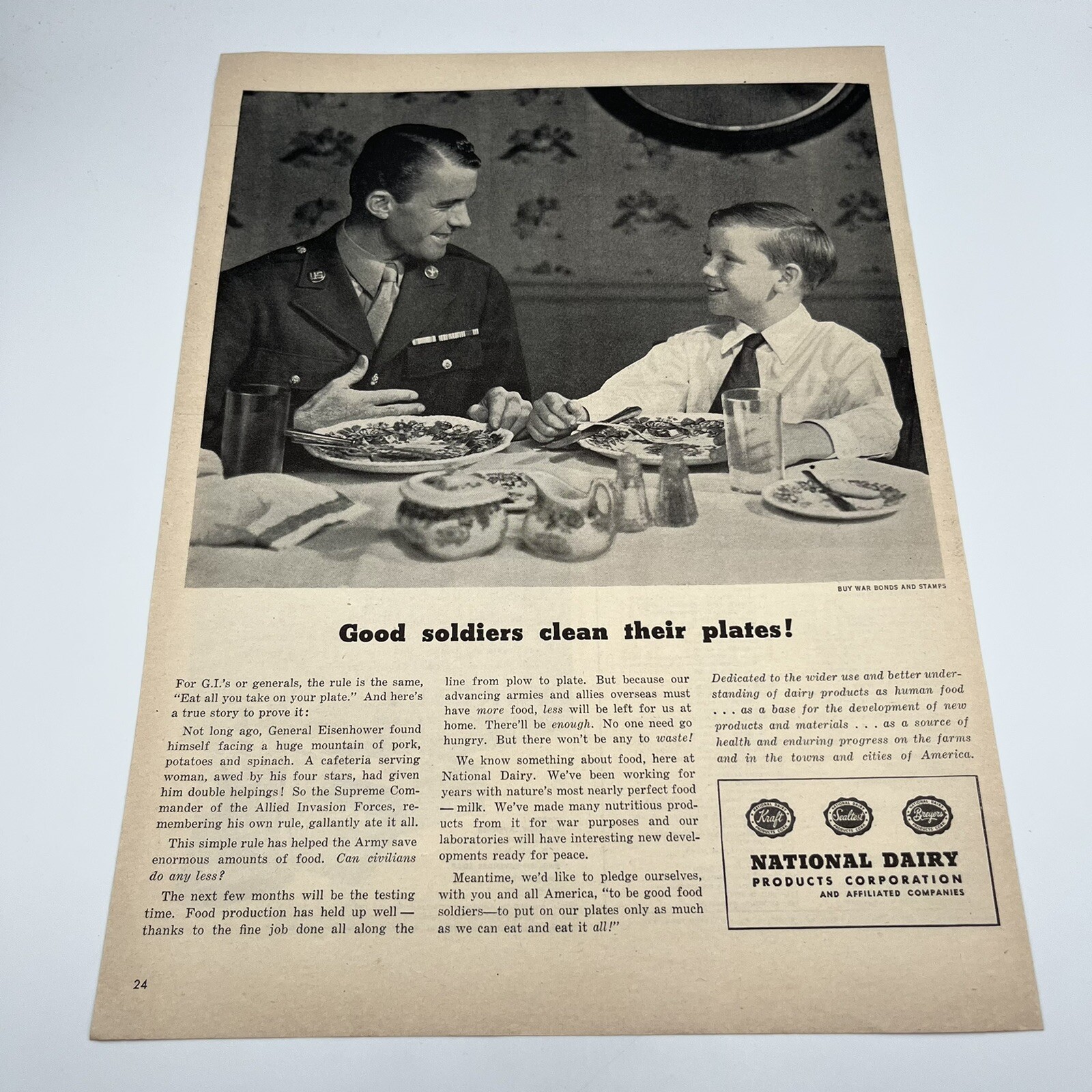 1944 National Dairy Products Print Ad 10″x14″ good soldiers clean their plates