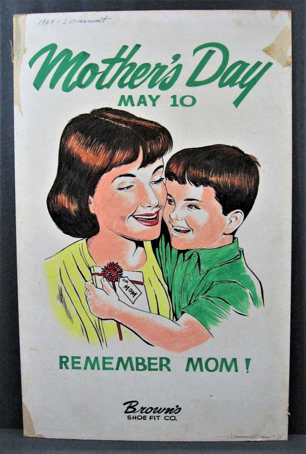 Vintage Brown’s Shoe Fit Co. Mother’s Day Mom W/ Son Cardboard Store Adv Sign