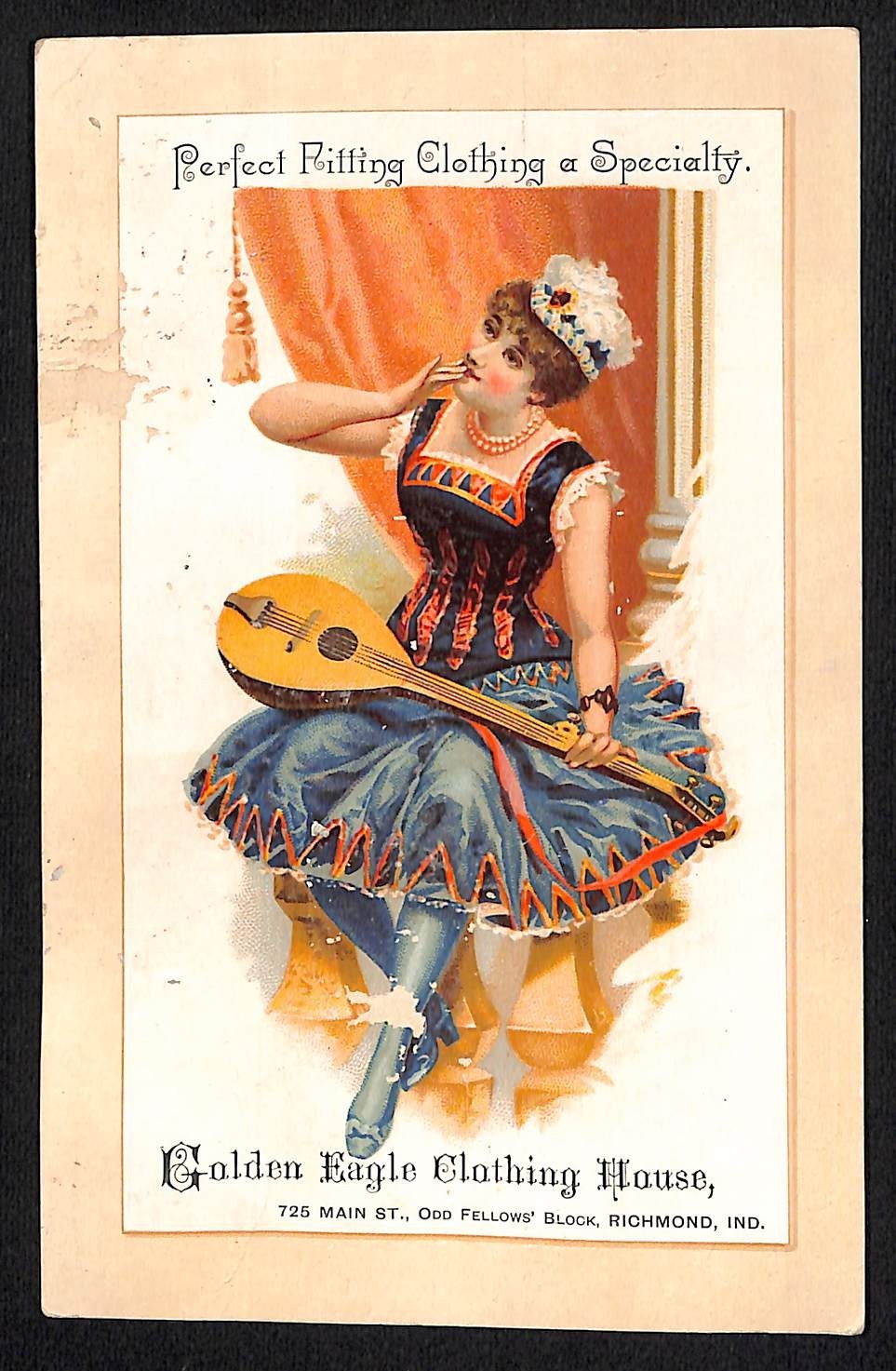 Golden Eagle Clothing House Richmond, IN Victorian Trade Card Woman w/ Mandolin