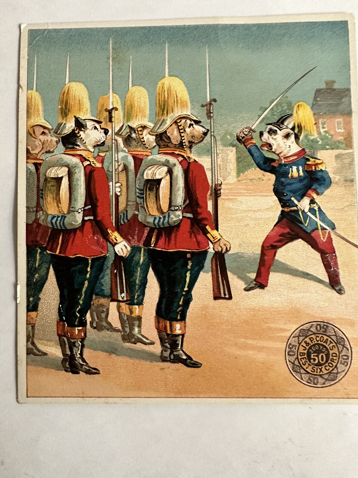 VICTORIAN TRADE CARD J & P COATS SIX CORD SPOOL COTTON DOG ARMY SWORDS B10
