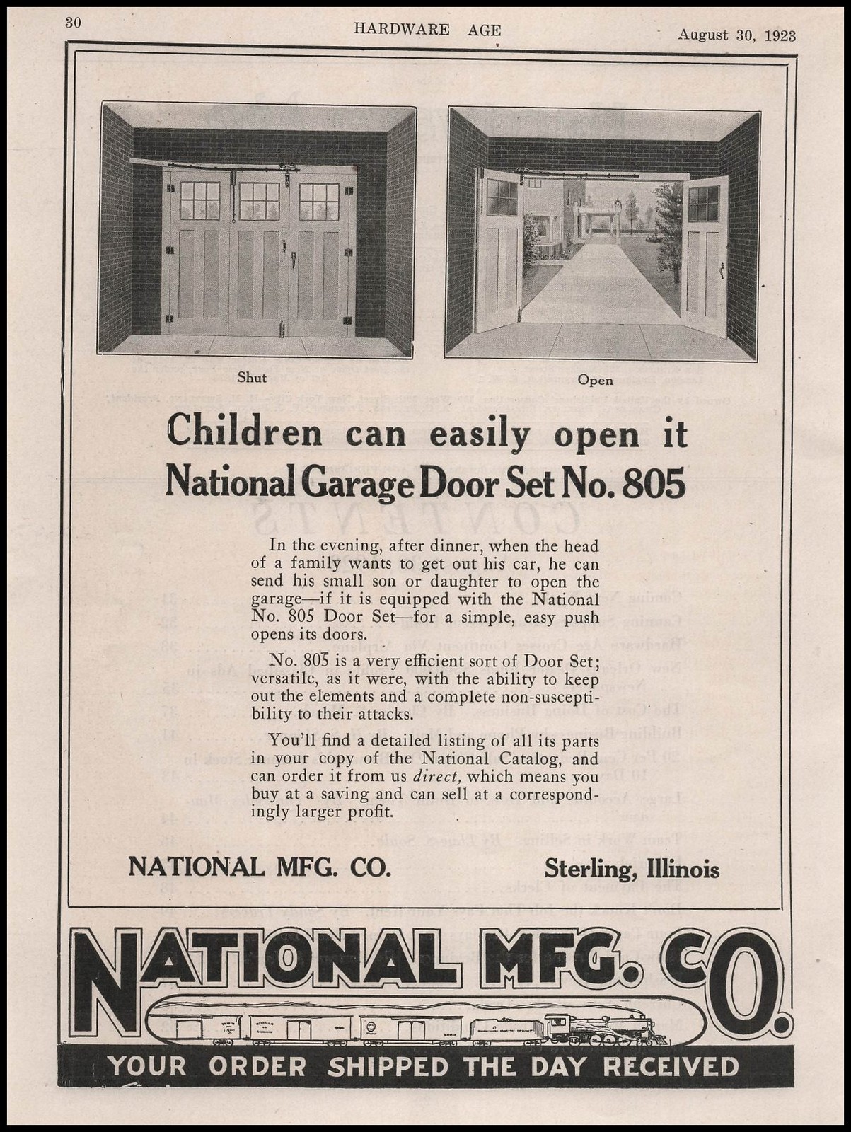 1923 National Mfg Co. Sterling Illinois Garage Door Set No. 805 Vintage Print Ad