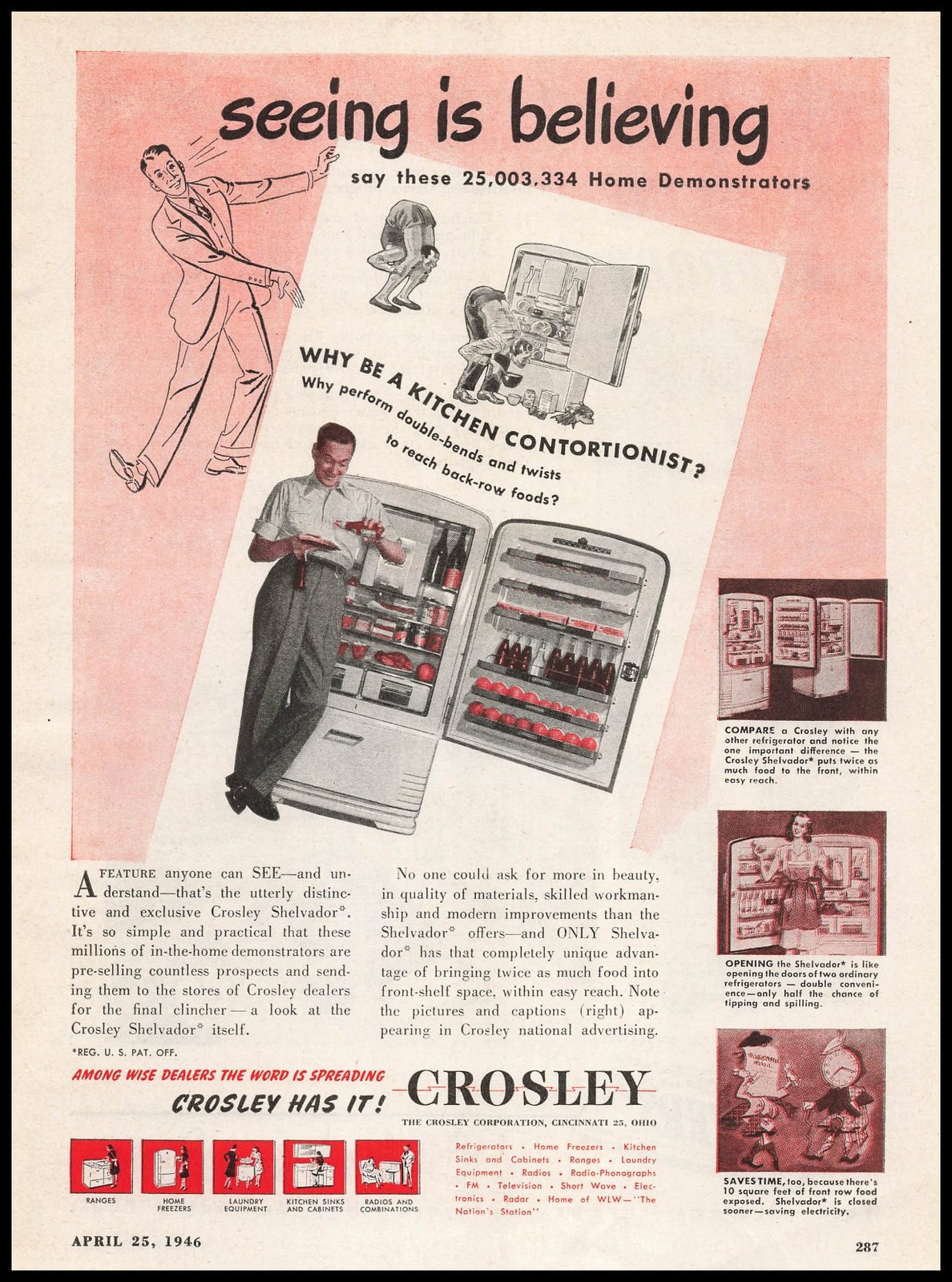 1946 Crosley Cincinnati Shelvador Refrigerator “Kitchen Contortionist” Print Ad