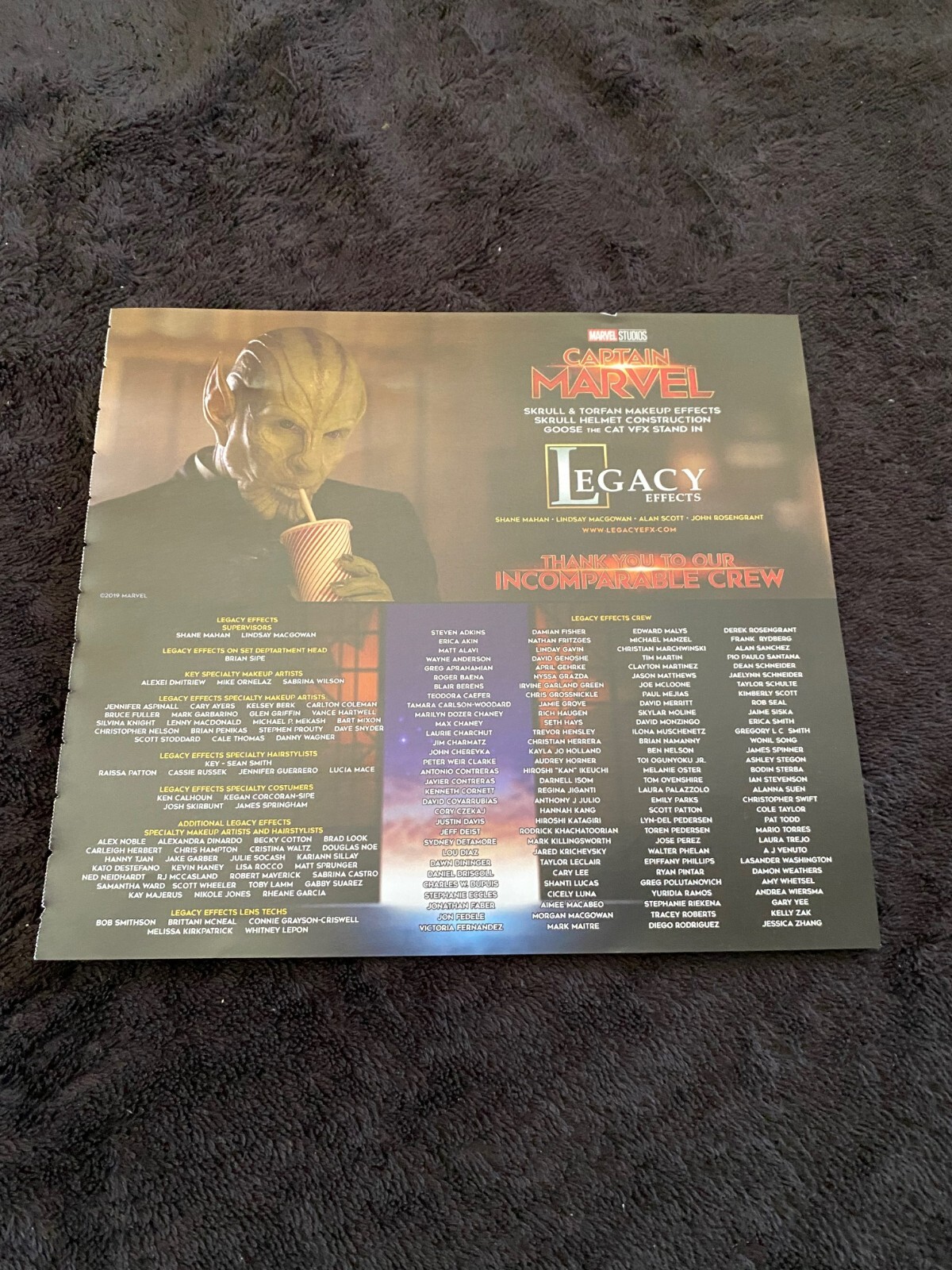 CAPTAIN MARVEL 2019 Thanks ad to Legacy Effects’ Visual Effects team, with Skull