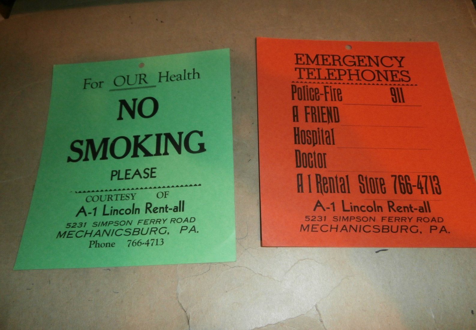 2 Vintage Cardboard Signs No Smoking Emergency Telephones Mechanicsburg PA A-1
