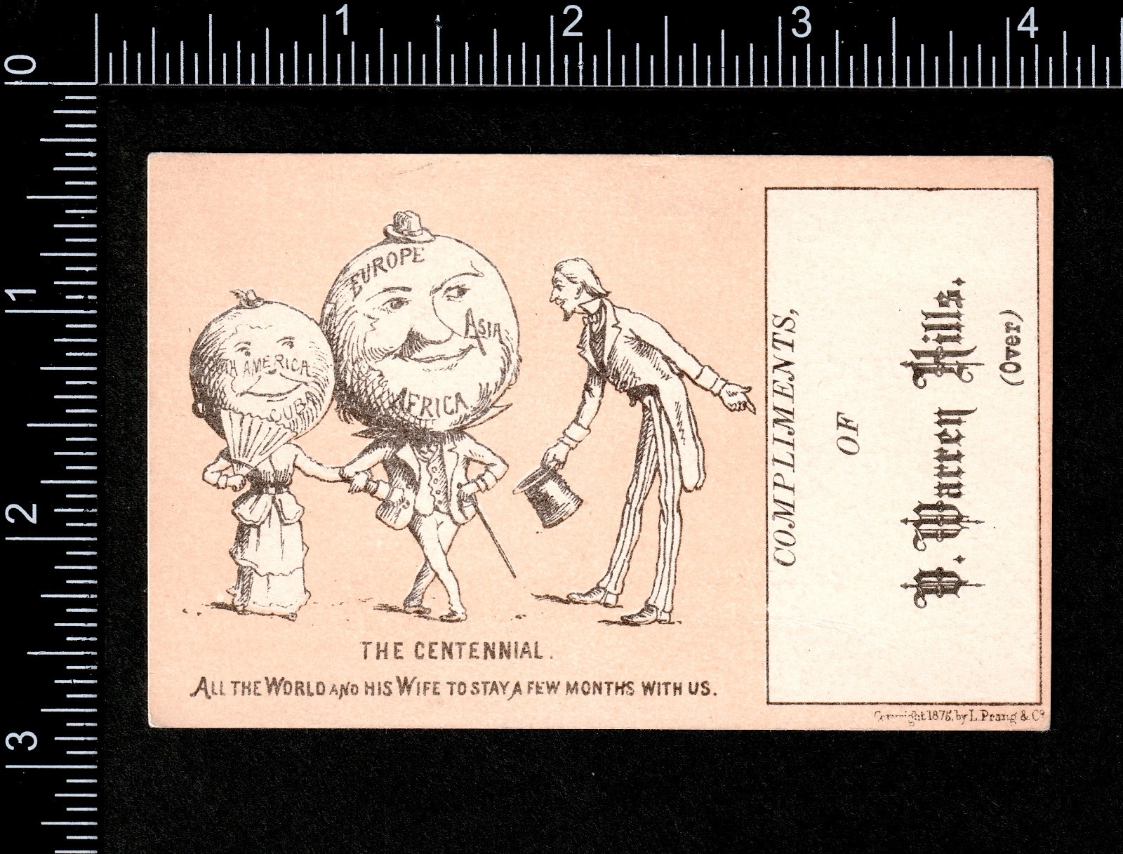 Uncle Sam 1876 Centennial Expo Union, ME Hair Barber World Prang Trade Card j.US