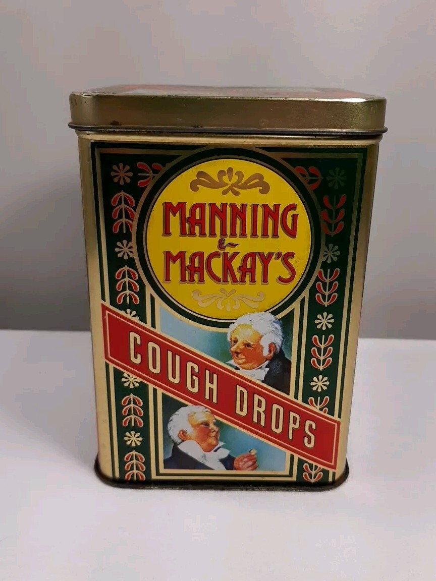 Vintage Manning & Mackay’s Cough Drops Tin Canister Box w/ Hinged Lid, England