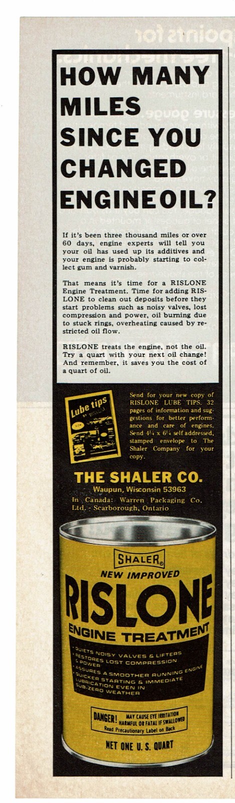 1978 Vintage Print Ad Shaler Rislone Engine Treatment How Many Miles Since Oil