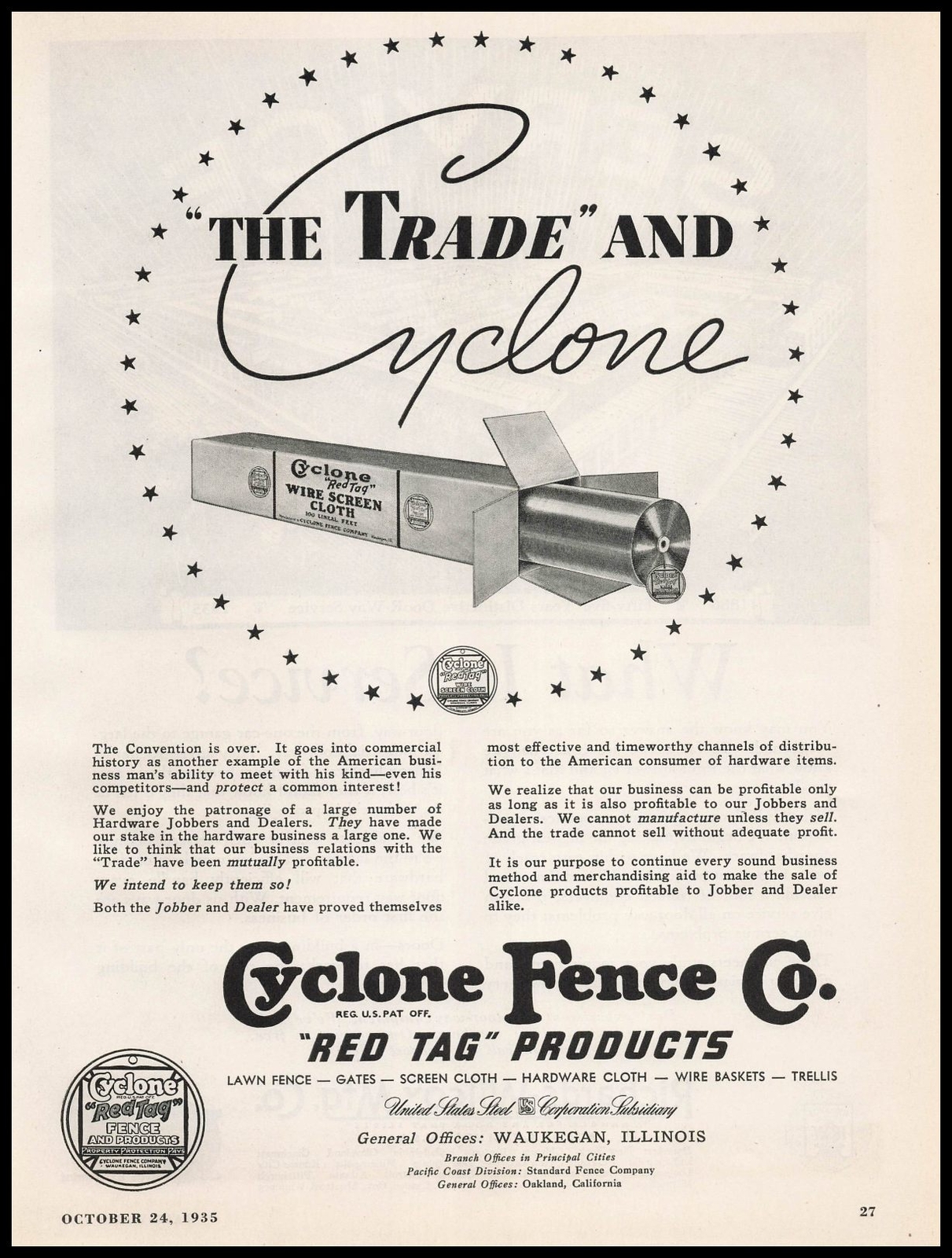 1935 Cyclone Fence Waukegan Illinois Red Tag Wire Screen Cloth Vintage Print Ad