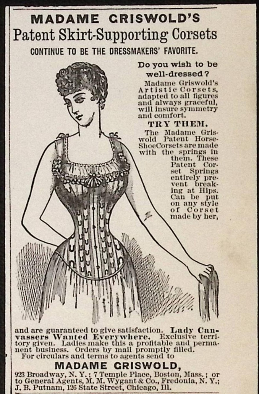 1891 Madame Griswold’s Patent Skirt Supporting Corsets Print Ad 2.5 x 4.25″