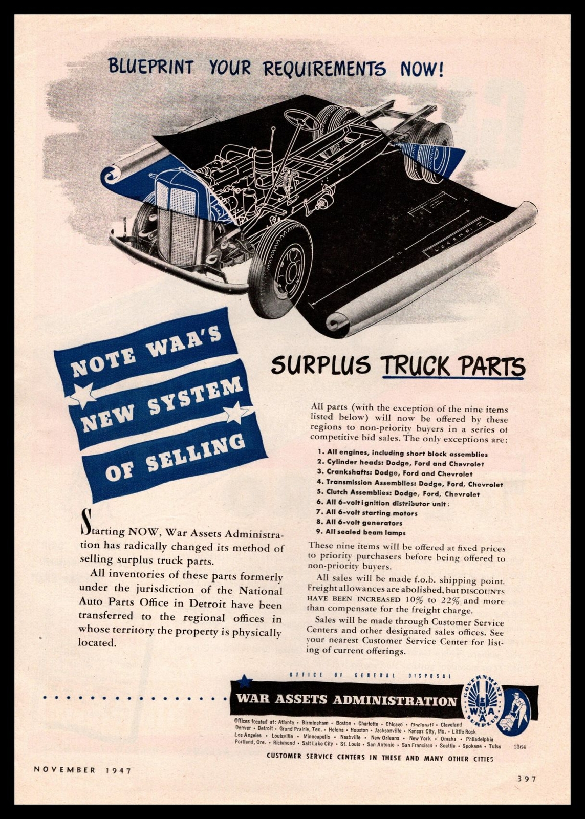 1947 War Assets Administration Surplus Truck Parts WAA General Disposal Print Ad