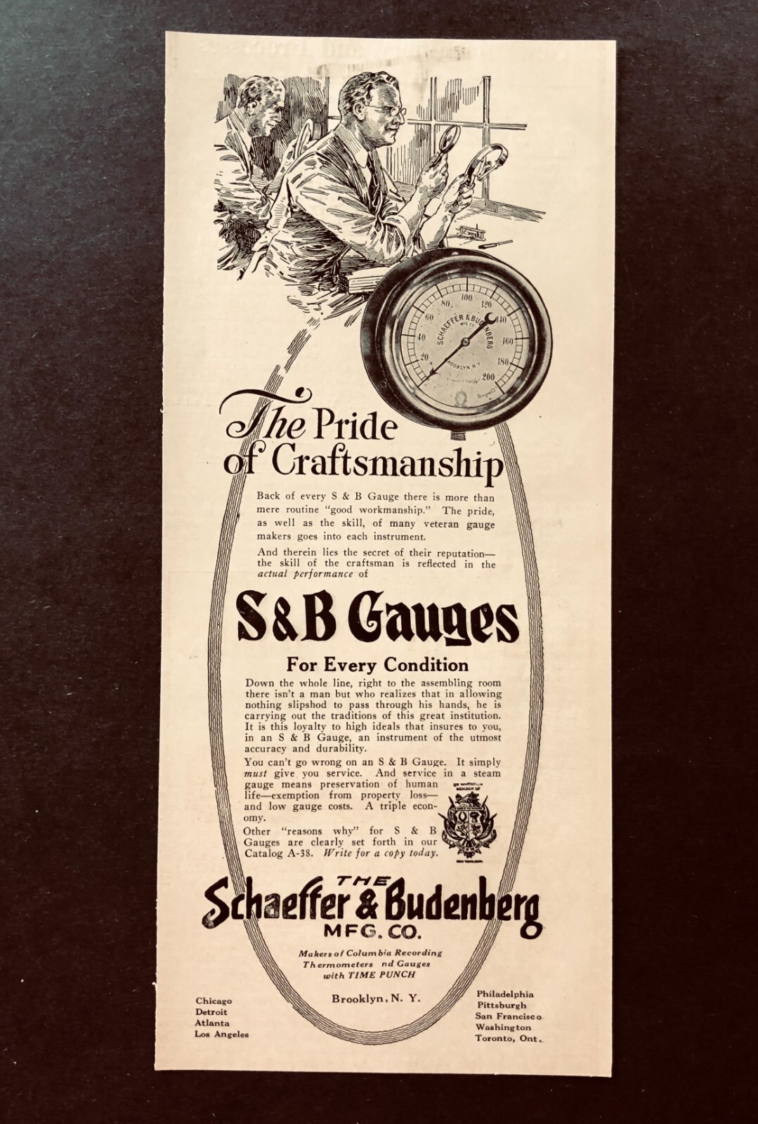 1921 S & B Gauges Advertisement Craftsmen Pride Skill Brooklyn Antique Print AD