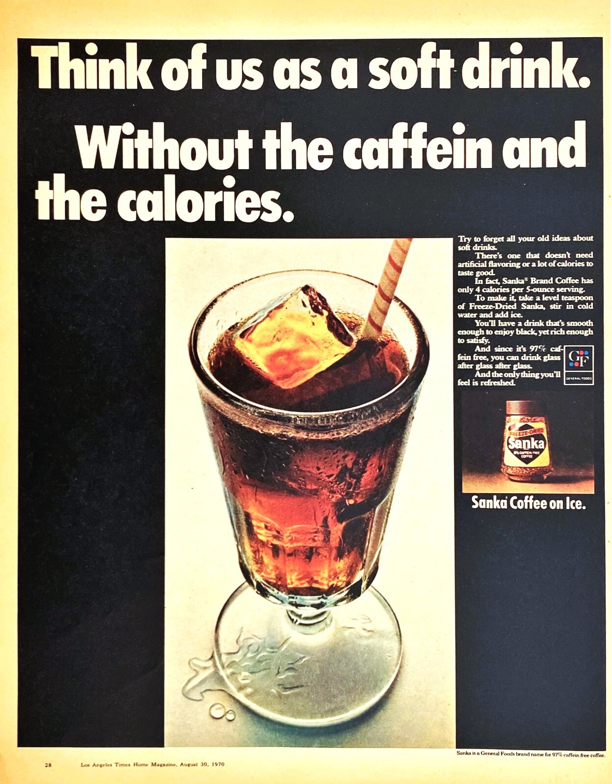 Sanka Coffee General Foods Soft Drink Without Caffein, Calories Vtg Mag Print Ad