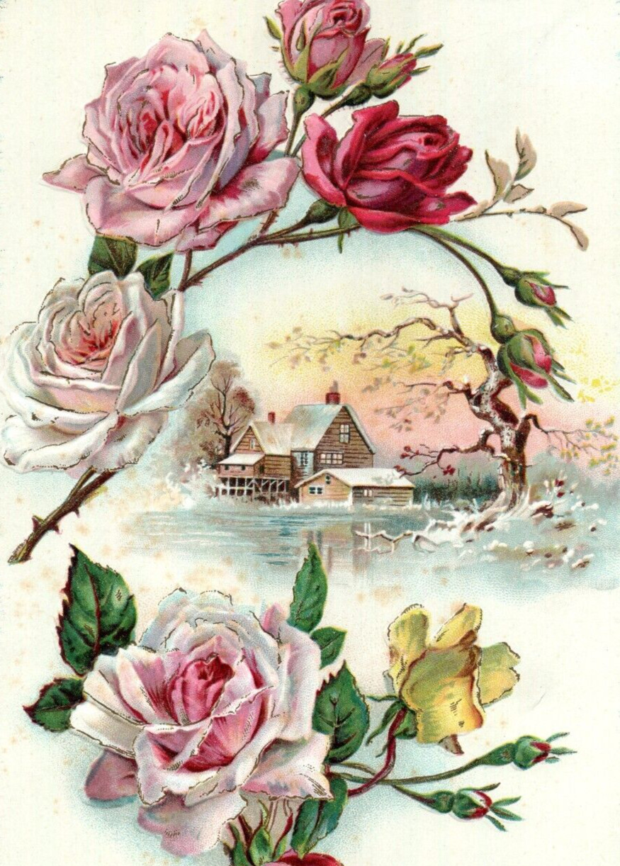 C1890 Large Victorian Rose Winter Landscape Reward Merit Trade Card Gibson Art