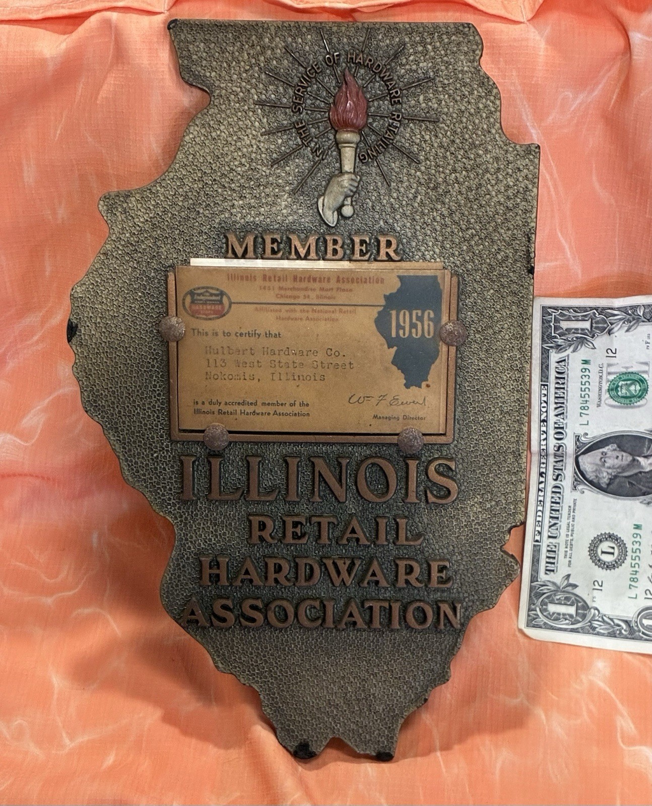 1956 Illinois Retail Hardware Association Plague Store Sign Masonite Nokomis IL