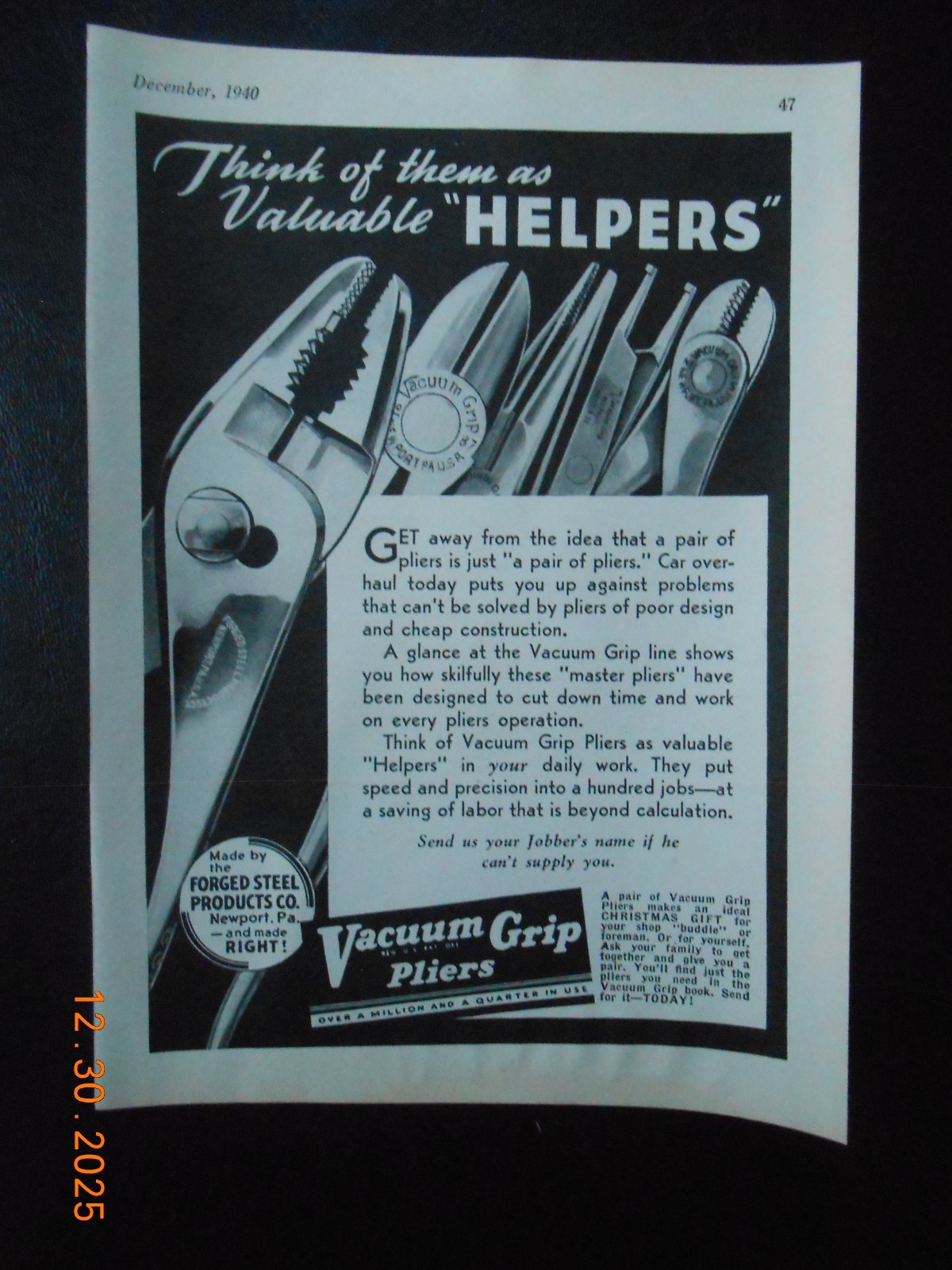1940 Forged Steel Products CO Newport PA Auto Mechanic vacuum pliers tool AD
