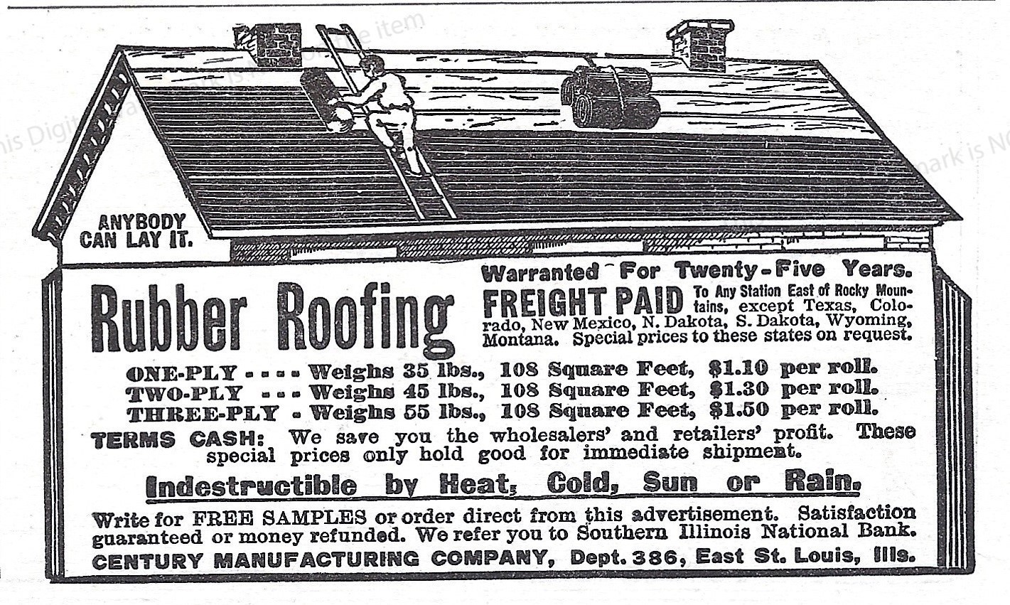 1911 Rubber Roofing Ad * Indestructible 25 Yrs Guarantee Century Mfg Co St Louis
