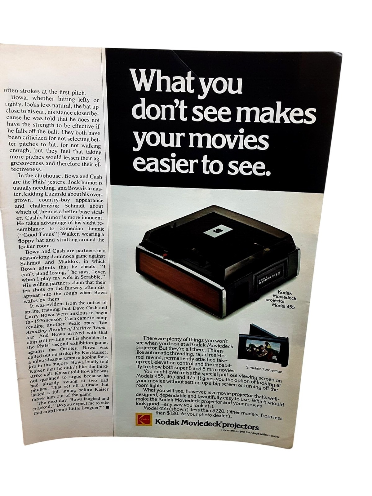 1976 Kodak Moviedeck Projector Vintage Advertising Print Ad Model 455