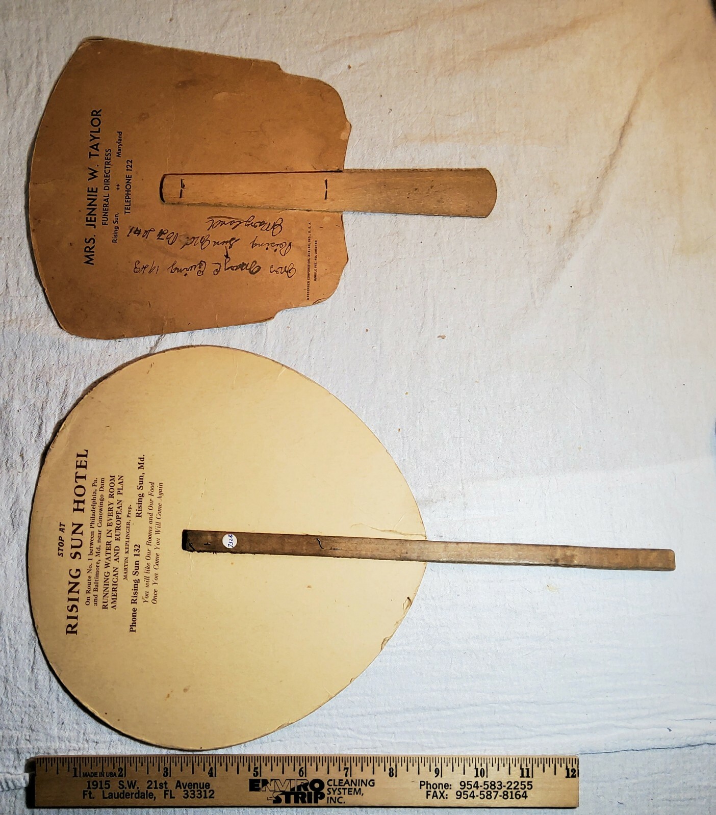 2 ANTIQUE RISING SUN, MARYLAND ADVERTISING FANS RISING SUN HOTEL & JENNIE TAYLOR