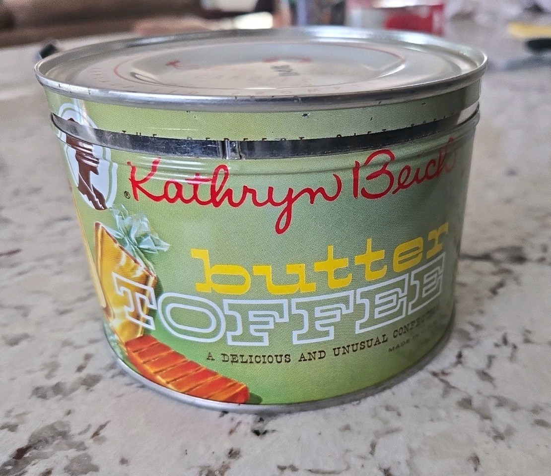 1960s Kathryn Beich Butter Toffee Candy Tin Great Graphics
