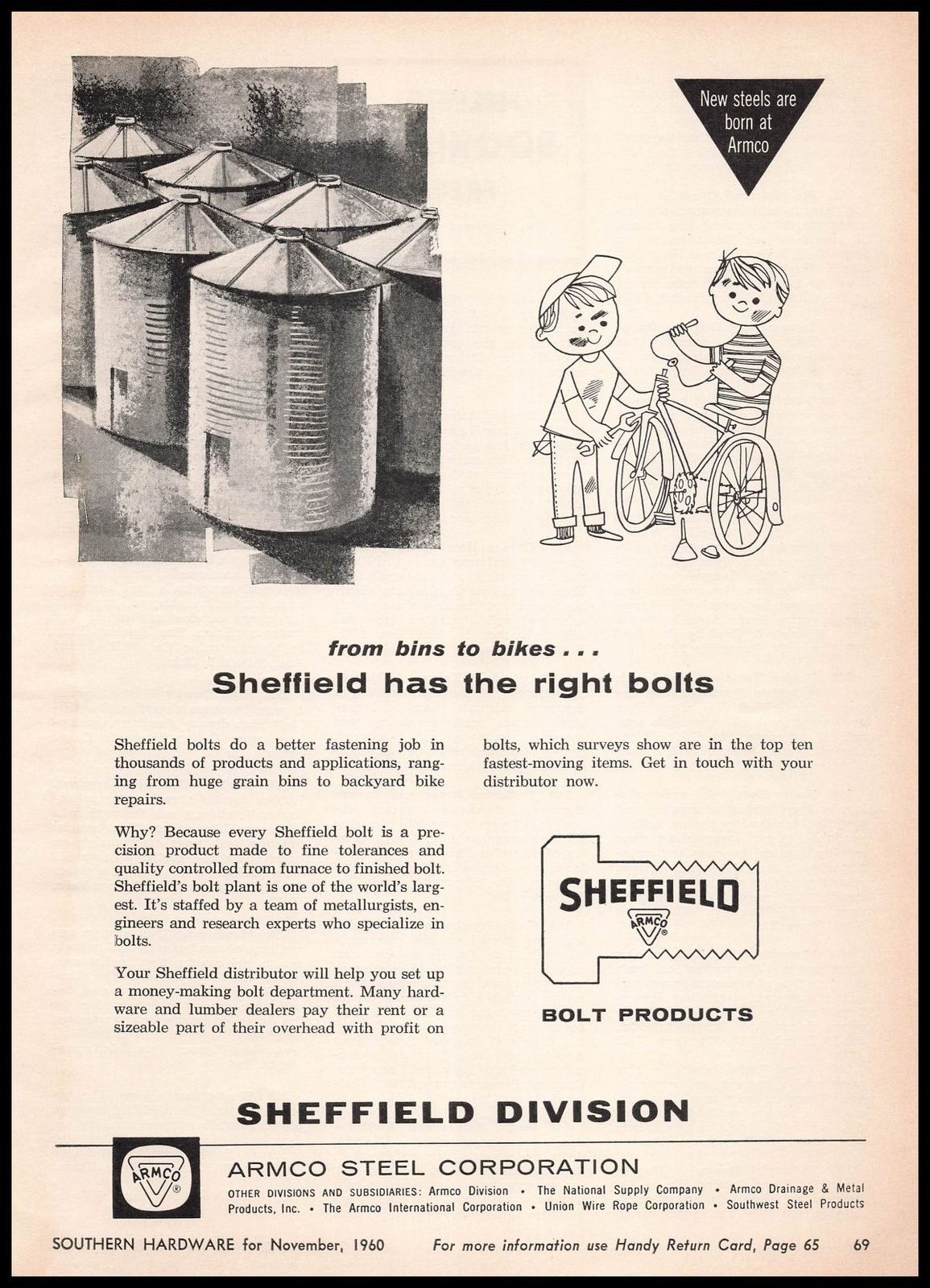 1960 Sheffield Bolt Products Cartoon Bins To Bikes Armco Steel Vintage Print Ad