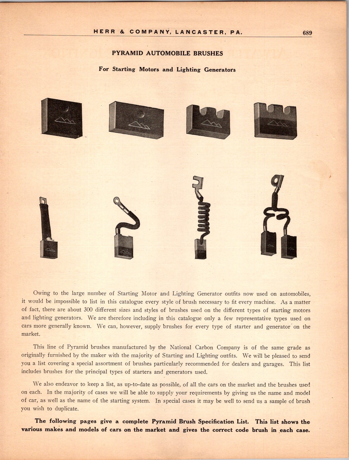 1910s Pyramid Automobile Brush Catalog Page Herr & Co Lancaster PA National