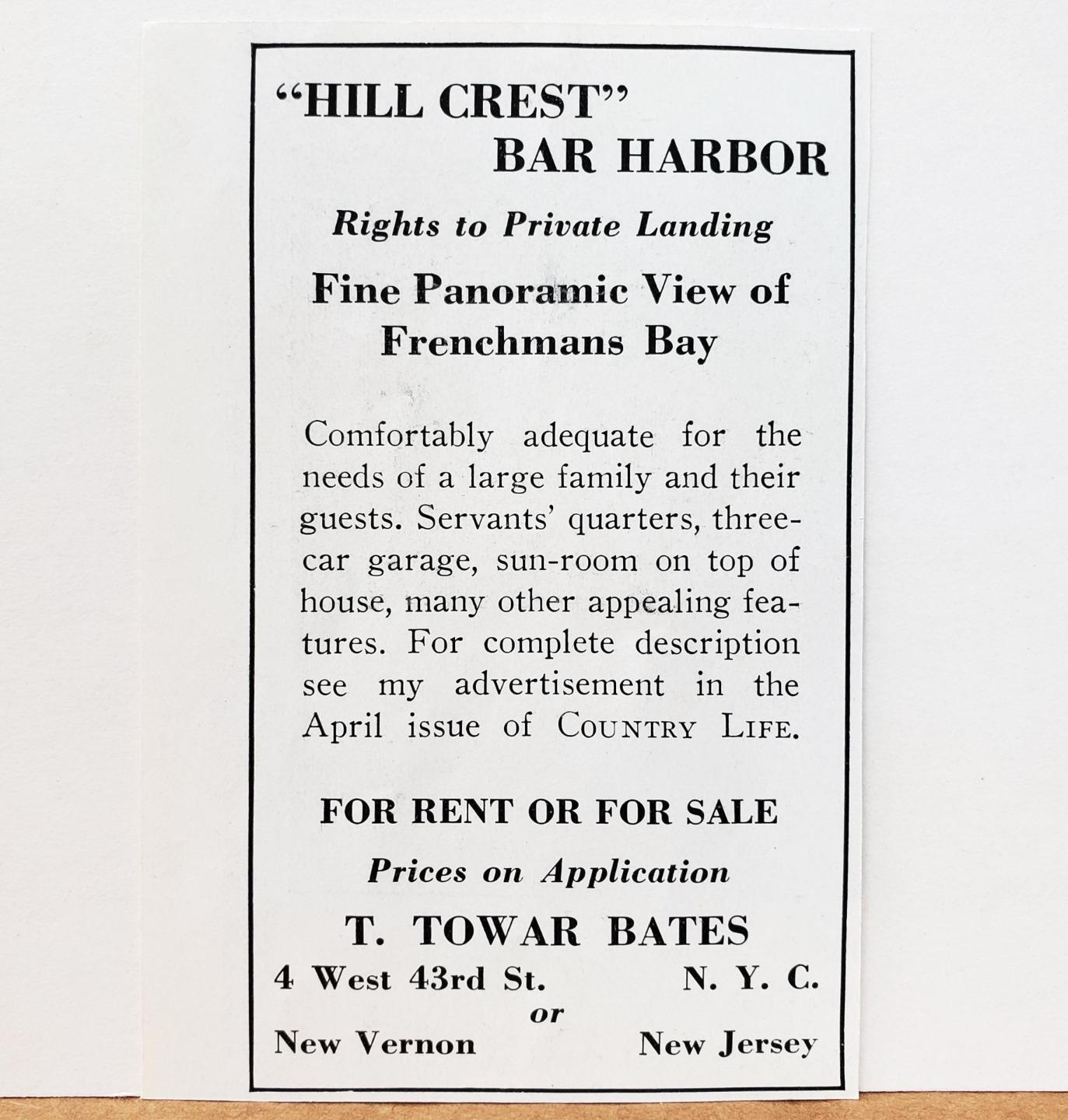 1936 Bar Harbor Maine “Hill Crest” Estate T. Towar Bates Frenchmans Bay PRINT AD