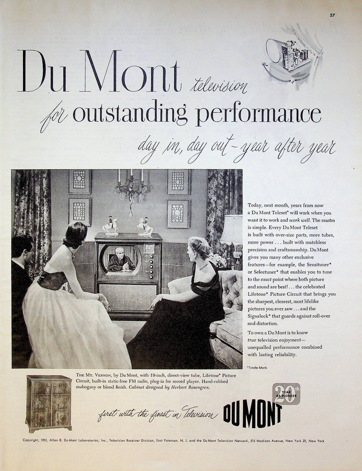 1951 Du Mont Television Mt. Vernon TV Cabinet Vintage Print Ad Lady Evening Gown