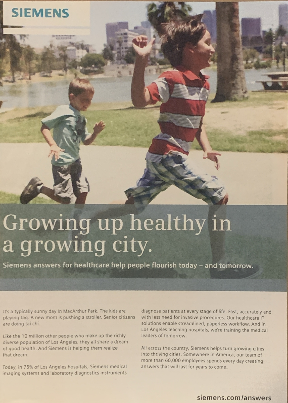 2012 Siemens Answers For Healthcare PRINT AD MacArthur Park Los Angeles Kids Tag