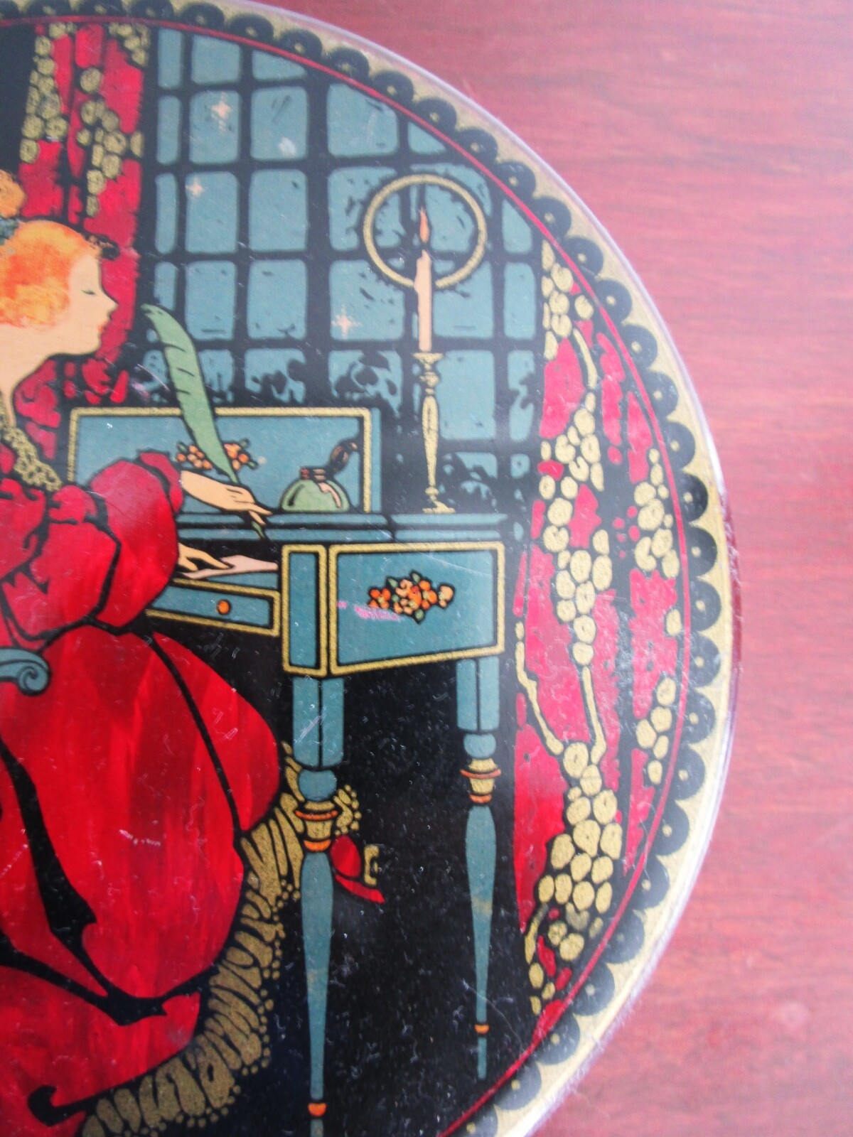 TINDECO Tin Box Lady at Writing Table Red Dress Vintage 7 inch Round Tin Boudoir