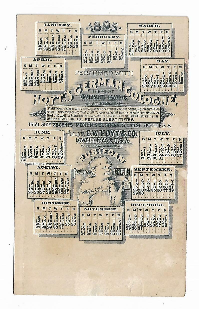 1895 Ladies Calendar Trade Card Hoyt’s German Cologne Rubifoam Teeth Sailboats