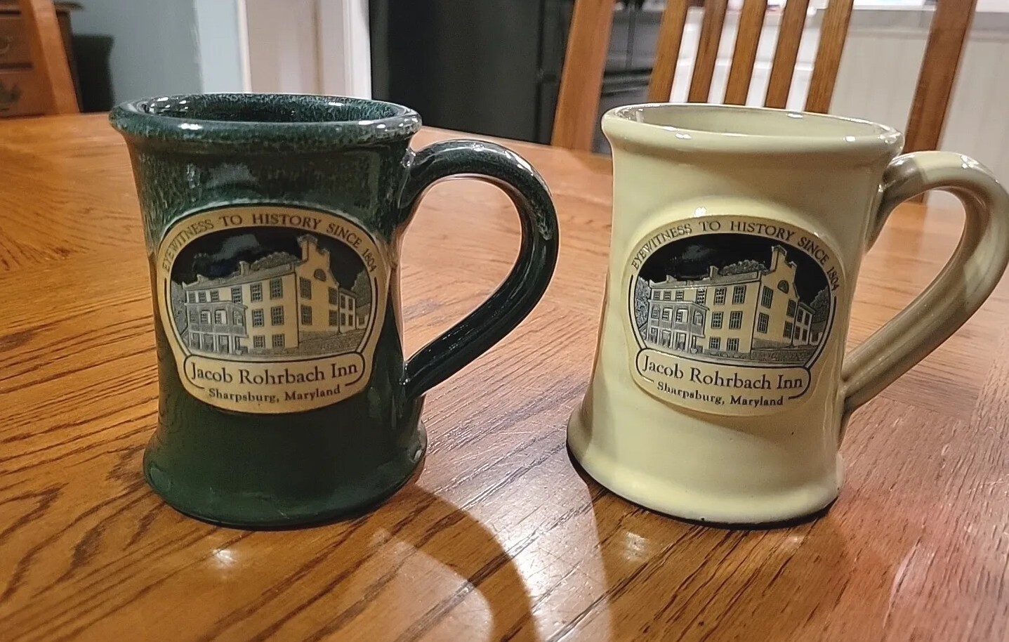 Set of 2 Deneen Pottery USA, Jacob Rohrbach Inn Sharpsburg, MD, Tan & Green