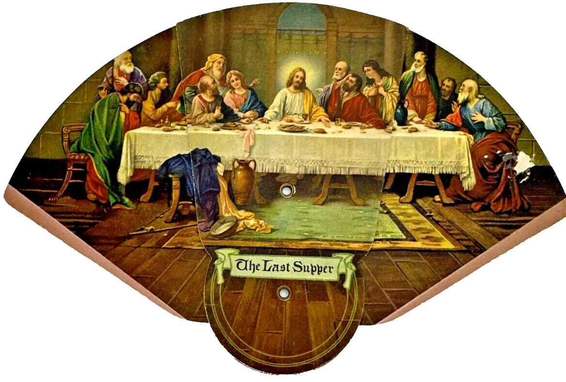 Vintage Tri-Fold Cardboard Hand Fan, The Last Supper, Advertising, used (NN)
